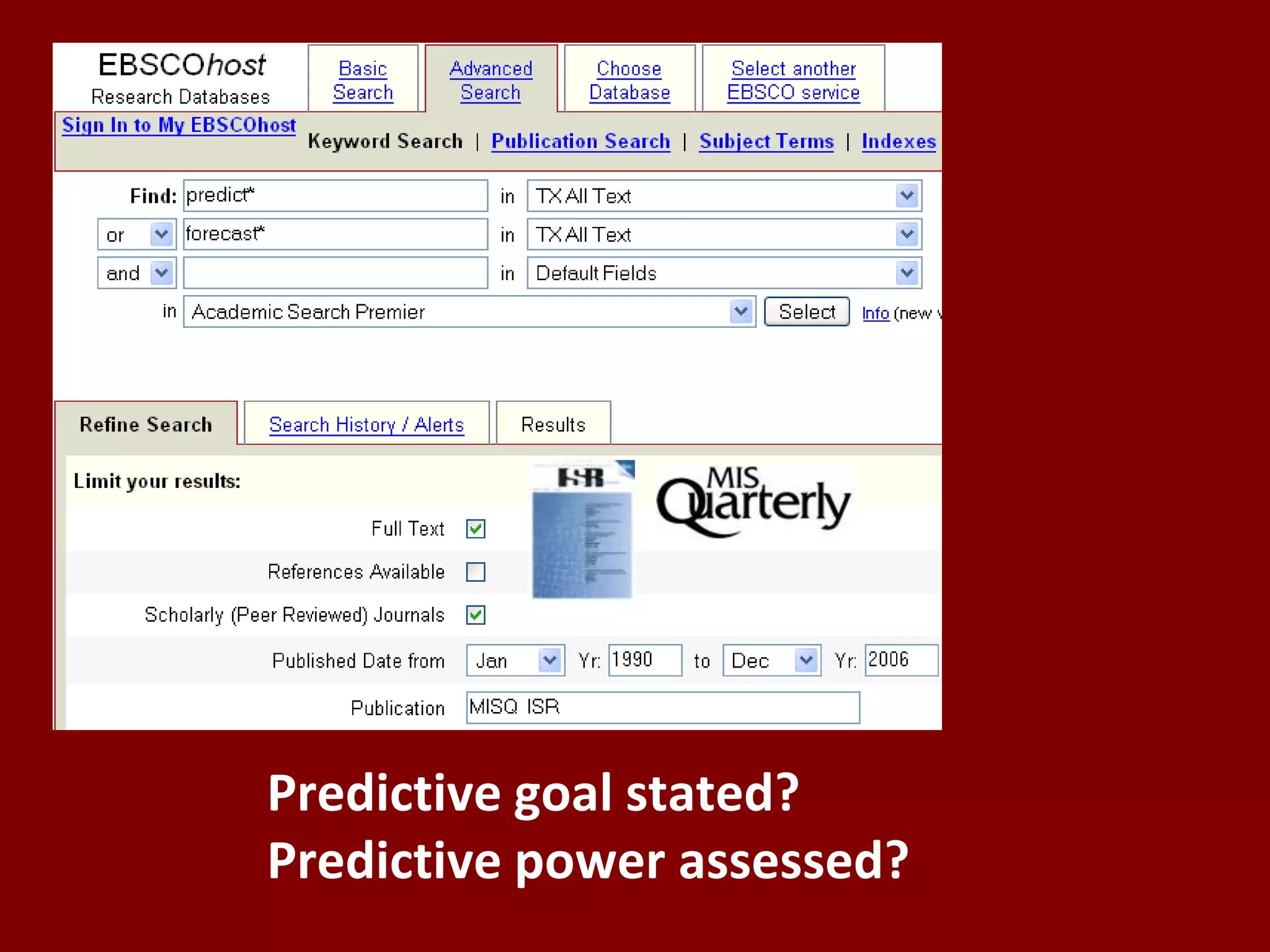 Predictive goal stated?Predictive power assessed?