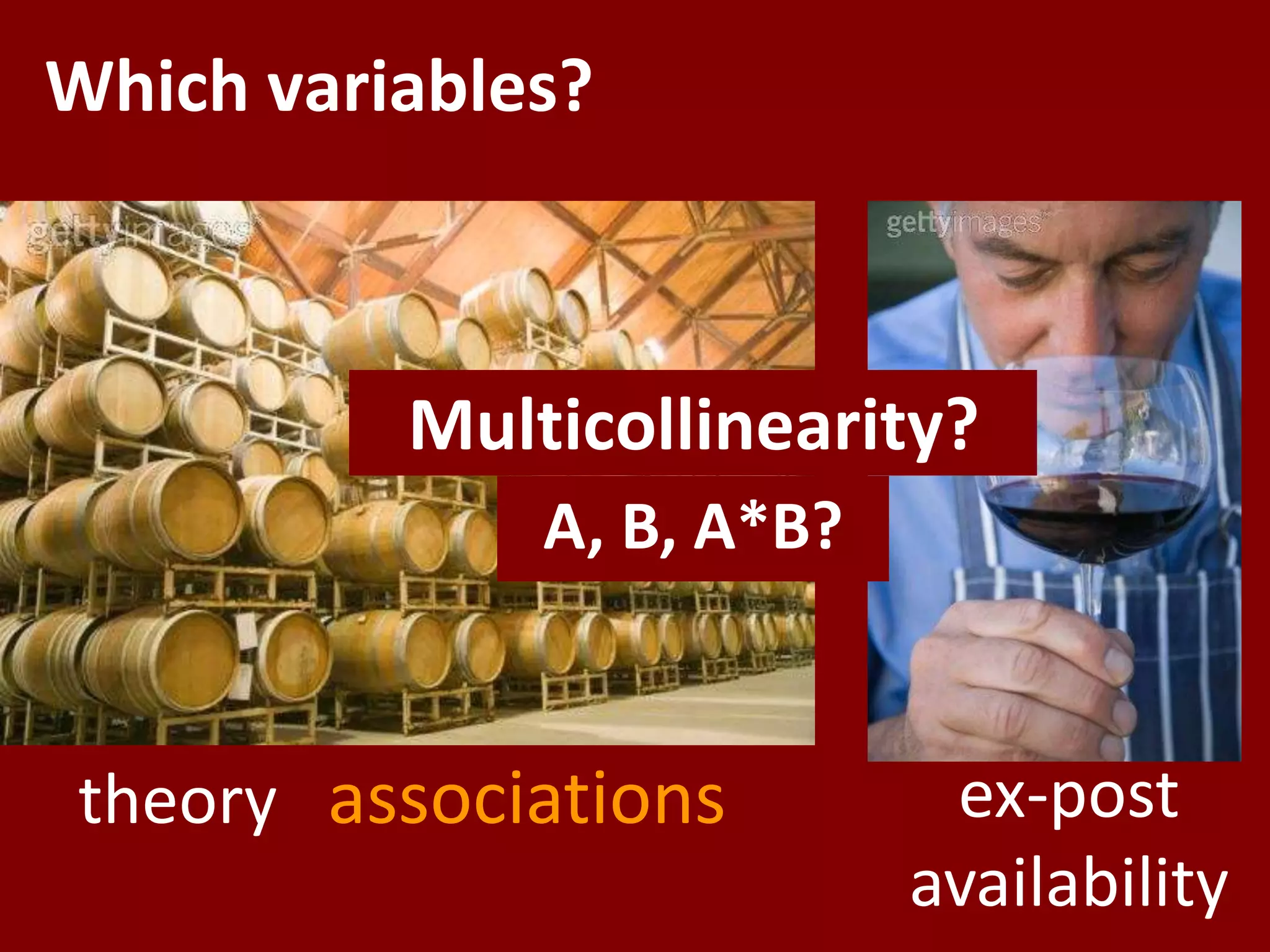Which variables?Multicollinearity?A, B, A*B?theoryassociationsex-post availability