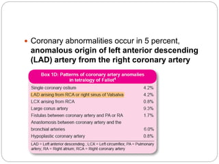  Coronary abnormalities occur in 5 percent,
anomalous origin of left anterior descending
(LAD) artery from the right coronary artery
(RCA) being the most common
 