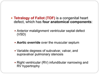  Tetralogy of Fallot (TOF) is a congenital heart
defect, which has four anatomical components:
 Anterior malalignment ventricular septal defect
(VSD)
 Aortic override over the muscular septum
 Variable degrees of subvalvar, valvar, and
supravalvar pulmonary stenosis
 Right ventricular (RV) infundibular narrowing and
RV hypertrophy
 