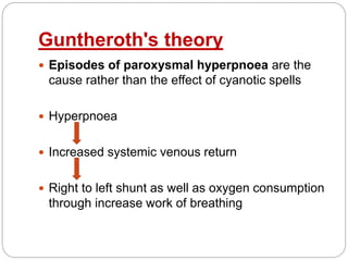 Guntheroth's theory
 Episodes of paroxysmal hyperpnoea are the
cause rather than the effect of cyanotic spells
 Hyperpnoea
 Increased systemic venous return
 Right to left shunt as well as oxygen consumption
through increase work of breathing
 