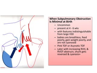 When Subpulmonary Obstruction
Is Minimal at Birth
– Uncommon
– present at 4 - 6 wks
– with features indistinguishable
from large VSD
– babies are breathless, feed
poorly, gain weight poorly, and
are not cyanosed
– Pink TOF or Acynotic TOF
– Later with increasing RVH, &
RVOT obstrucn, shunt gets
reversed & cyanosis+
 