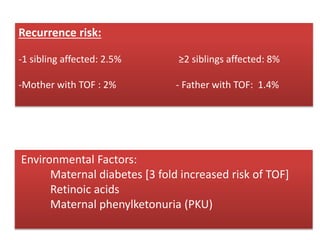 Environmental Factors:
Maternal diabetes [3 fold increased risk of TOF]
Retinoic acids
Maternal phenylketonuria (PKU)
Recurrence risk:
-1 sibling affected: 2.5% ≥2 siblings affected: 8%
-Mother with TOF : 2% - Father with TOF: 1.4%
 