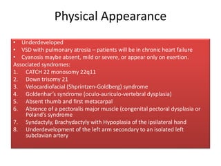 • Underdeveloped
• VSD with pulmonary atresia – patients will be in chronic heart failure
• Cyanosis maybe absent, mild or severe, or appear only on exertion.
Associated syndromes:
1. CATCH 22 monosomy 22q11
2. Down trisomy 21
3. Velocardiofacial (Shprintzen-Goldberg) syndrome
4. Goldenhar’s syndrome (oculo-auriculo-vertebral dysplasia)
5. Absent thumb and first metacarpal
6. Absence of a pectoralis major muscle (congenital pectoral dysplasia or
Poland’s syndrome
7. Syndactyly, Brachydactyly with Hypoplasia of the ipsilateral hand
8. Underdevelopment of the left arm secondary to an isolated left
subclavian artery
Physical Appearance
 