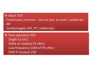  Adult TOF :
- Continuous murmur – due to syst. to pulm. collaterals
- AR
- Cardiomegaly (AR, HT, collaterals)
 Post operative TOF:
Single S2 (A2)
MSM of residual PS often
Low frequency EDM of PR often
PSM if residual VSD
 