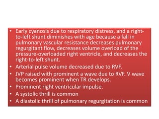 • Early cyanosis due to respiratory distress, and a right-
to-left shunt diminishes with age because a fall in
pulmonary vascular resistance decreases pulmonary
regurgitant flow, decreases volume overload of the
pressure-overloaded right ventricle, and decreases the
right-to-left shunt.
• Arterial pulse volume decreased due to RVF.
• JVP raised with prominent a wave due to RVF. V wave
becomes prominent when TR develops.
• Prominent right ventricular impulse.
• A systolic thrill is common
• A diastolic thrill of pulmonary regurgitation is common
 