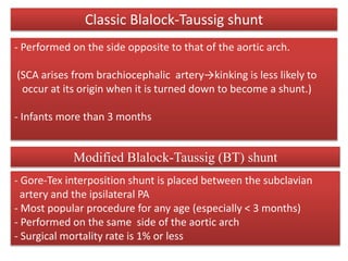 Classic Blalock-Taussig shunt
- Performed on the side opposite to that of the aortic arch.
(SCA arises from brachiocephalic artery→kinking is less likely to
occur at its origin when it is turned down to become a shunt.)
- Infants more than 3 months
Modified Blalock-Taussig (BT) shunt
- Gore-Tex interposition shunt is placed between the subclavian
artery and the ipsilateral PA
- Most popular procedure for any age (especially < 3 months)
- Performed on the same side of the aortic arch
- Surgical mortality rate is 1% or less
 