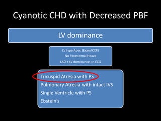Cyanotic CHD with Decreased PBF
LV dominance
LV type Apex (Exam/CXR)
No Parasternal Heave
LAD ± LV dominance on ECG
Tricuspid Atresia with PS
Pulmonary Atresia with intact IVS
Single Ventricle with PS
Ebstein’s
 