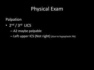 Physical Exam
Palpation
• 2nd / 3rd LICS
– A2 maybe palpable
– Left upper ICS (Not right) (due to hypoplastic PA)
 