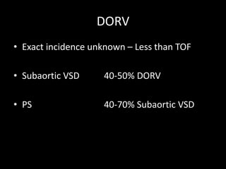 DORV
• Exact incidence unknown – Less than TOF
• Subaortic VSD 40-50% DORV
• PS 40-70% Subaortic VSD
 