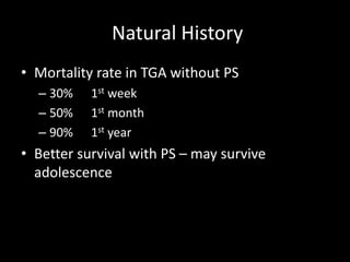 Natural History
• Mortality rate in TGA without PS
– 30% 1st week
– 50% 1st month
– 90% 1st year
• Better survival with PS – may survive
adolescence
 