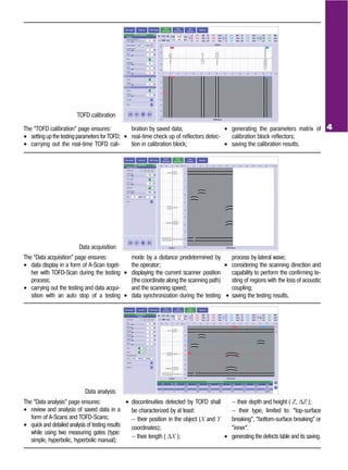 TOFD calibration
The “TOFD calibration” page ensures:
• setting up the testing parameters for TOFD;
• carrying out the real time TOFD cali
bration by saved data;
• real time check up of reflectors detec
tion in calibration block;
• generating the parameters matrix of
calibration block reflectors;
• saving the calibration results.
The “Data acquisition” page ensures:
• data display in a form of A Scan toget
her with TOFD Scan during the testing
process;
• carrying out the testing and data acqui
sition with an auto stop of a testing
mode by a distance predetermined by
the operator;
• displaying the current scanner position
(the coordinate along the scanning path)
and the scanning speed;
• data synchronization during the testing
process by lateral wave;
• considering the scanning direction and
capability to perform the confirming te
sting of regions with the loss of acoustic
coupling;
• saving the testing results.
Data acquisition
Data analysis
The “Data analysis” page ensures:
• review and analysis of saved data in a
form of А Scans and TOFD Scans;
• quick and detailed analysis of testing results
while using two measuring gates (type:
simple, hyperbolic, hyperbolic manual);
• discontinuities detected by TOFD shall
be characterized by at least:
— their position in the object (X and Y
coordinates);
— their length ( ΔX );
— their depth and height ( Z, ΔZ );
— their type, limited to: “top surface
breaking”, “bottom surface breaking” or
“inner”.
• generating the defects table and its saving.
4
 
