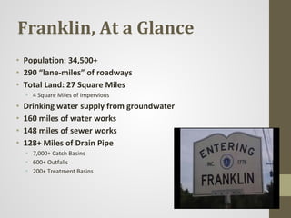Franklin, At a Glance
• Population: 34,500+
• 290 “lane-miles” of roadways
• Total Land: 27 Square Miles
• 4 Square Miles ...