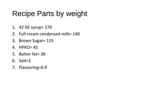 Recipe Parts by weight 
1. 42 DE syrup= 170 
2. Full cream condensed milk= 140 
3. Brown Sugar= 115 
4. HPKO= 45 
5. Butter fat= 30 
6. Salt=3 
7. Flavouring=0.9 
