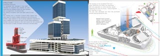 To Mexico
major programs
major programs
major programs
major program
ajor programs
major prog
Regarding vertical circulation
shoppers , office employees and
apartment residents will have a
segregated path to achieve
security requirements.
STRUCTURE
Suspended structure
To interprate the concept it has been
intended to suspend the volumes so one
could see the masses broken but also connect-
ed in a single form. To achieve that
the central circulation core has been used to sus-
pend
the volumes and a concrete covered steel diagrid has
been used to create a stable connection with the ground.
Another major element is the 4 storey basement intended to
have a deeper root which will help to resist lateral deflection.
Another structural element is the roof covers for the cinemas and
the club which is made of folded reinforced concrete plate.
Folded plate RC base plate
Peripheral columns
Hat truss
Covered with
Concrete
Concrete covered
Steel diagrid
The building will be accessed from two
major entrances and other two entrances
that are proposed to solve security issues
regarding the level of privacy some programs
are required to have .
The two main entrances are from the prominent
streets passing along the site .
as it is shown on the picture the
programs have been arranged
around the major vertical
circulation so that one can
grasp the functional
layout easily and can
access whatever
facility one
seeks .
>> sustainability features
 