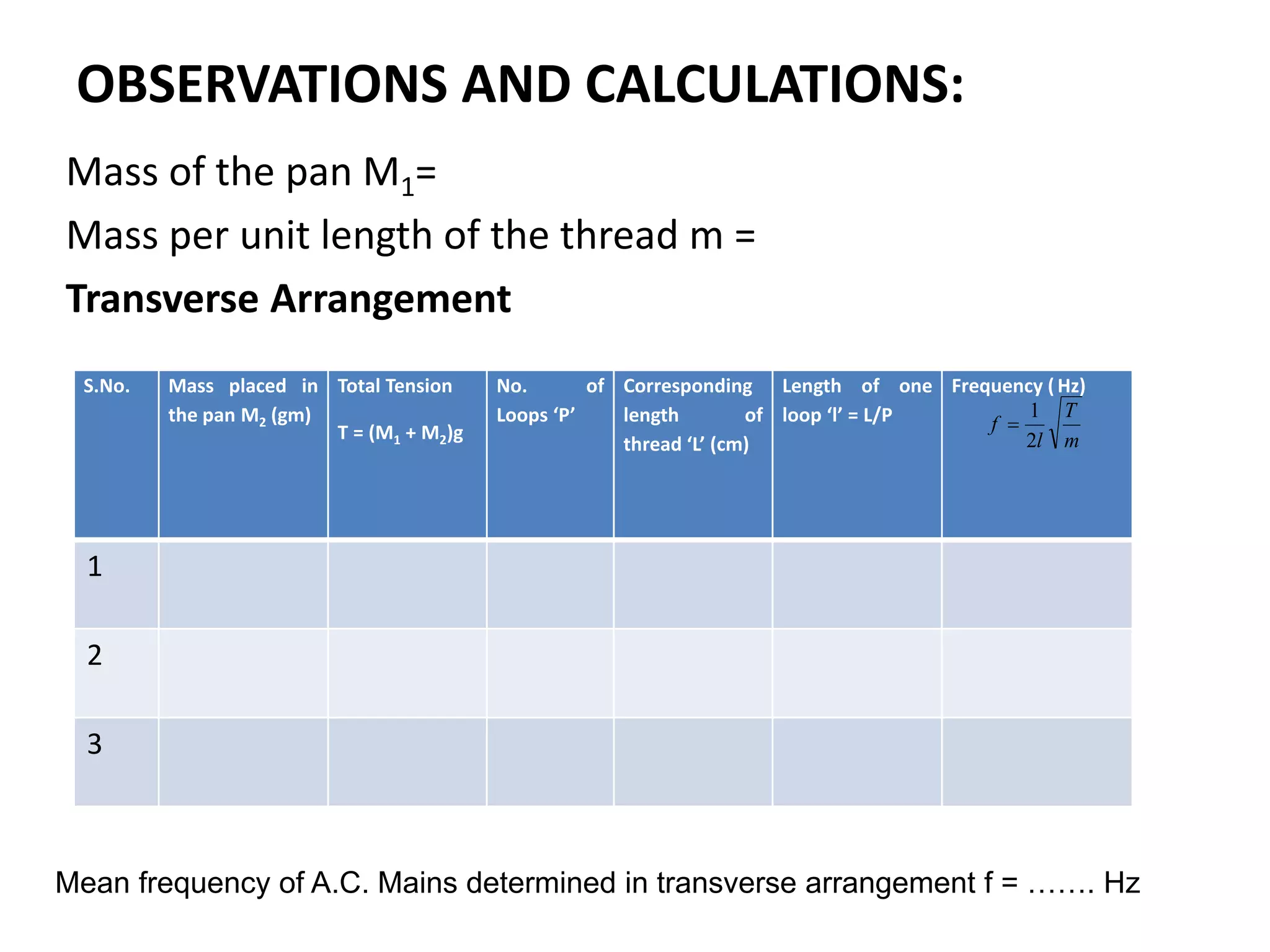 OBSERVATIONS AND CALCULATIONS:
Mass of the pan M1=
Mass per unit length of the thread m =
Transverse Arrangement
S.No. Mass placed in
the pan M2 (gm)
Total Tension
T = (M1 + M2)g
No. of
Loops ‘P’
Corresponding
length of
thread ‘L’ (cm)
Length of one
loop ‘l’ = L/P
Frequency (Hz)
1
2
3
m
T
l
f
2
1

Mean frequency of A.C. Mains determined in transverse arrangement f = ……. Hz
 