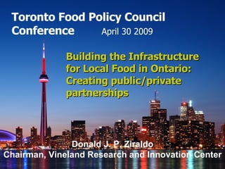 Toronto Food Policy Council  Conference April 30 2009   Building the Infrastructure for Local Food in Ontario: Creating public/private partnerships Donald J. P. Ziraldo Chairman, Vineland Research and Innovation Center 