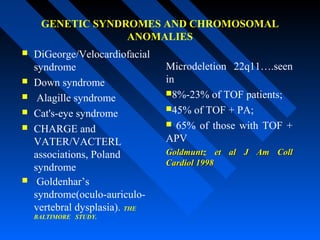 GENETIC SYNDROMES AND CHROMOSOMAL
ANOMALIES
 DiGeorge/Velocardiofacial
syndrome
 Down syndrome
 Alagille syndrome
 Cat's-eye syndrome
 CHARGE and
VATER/VACTERL
associations, Poland
syndrome
 Goldenhar’s
syndrome(oculo-auriculo-
vertebral dysplasia). THE
BALTIMORE STUDY.
Microdeletion 22q11….seen
in
8%-23% of TOF patients;
45% of TOF + PA;
 65% of those with TOF +
APV
Goldmuntz et al J Am CollGoldmuntz et al J Am Coll
Cardiol 1998Cardiol 1998
 