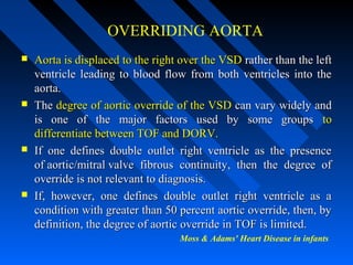 OVERRIDING AORTA
 Aorta is displaced to the right over the VSDAorta is displaced to the right over the VSD rather than the leftrather than the left
ventricle leading to blood flow from both ventricles into theventricle leading to blood flow from both ventricles into the
aorta.aorta.
 TheThe degree of aortic override of the VSDdegree of aortic override of the VSD can vary widely andcan vary widely and
is one of the major factors used by some groupsis one of the major factors used by some groups toto
differentiate between TOF and DORV.differentiate between TOF and DORV.
 If one defines double outlet right ventricle as the presenceIf one defines double outlet right ventricle as the presence
of aortic/mitral valve fibrous continuity, then the degree ofof aortic/mitral valve fibrous continuity, then the degree of
override is not relevant to diagnosis.override is not relevant to diagnosis.
 If, however, one defines double outlet right ventricle as aIf, however, one defines double outlet right ventricle as a
condition with greater than 50 percent aortic override, then, bycondition with greater than 50 percent aortic override, then, by
definition, the degree of aortic override in TOF is limited.definition, the degree of aortic override in TOF is limited.
Moss & Adams' Heart Disease in infants
 
