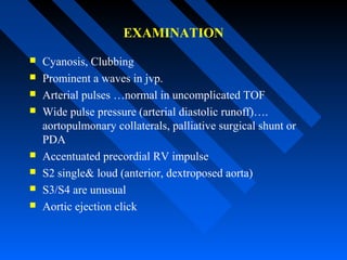EXAMINATION
 Cyanosis, Clubbing
 Prominent a waves in jvp.
 Arterial pulses …normal in uncomplicated TOF
 Wide pulse pressure (arterial diastolic runoff)….
aortopulmonary collaterals, palliative surgical shunt or
PDA
 Accentuated precordial RV impulse
 S2 single& loud (anterior, dextroposed aorta)
 S3/S4 are unusual
 Aortic ejection click
 
