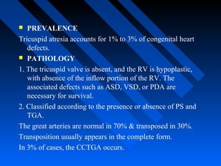  PREVALENCE
Tricuspid atresia accounts for 1% to 3% of congenital heart
defects.
 PATHOLOGY
1. The tricuspid valve is absent, and the RV is hypoplastic,
with absence of the inflow portion of the RV. The
associated defects such as ASD, VSD, or PDA are
necessary for survival.
2. Classified according to the presence or absence of PS and
TGA.
The great arteries are normal in 70% & transposed in 30%.
Transposition usually appears in the complete form.
In 3% of cases, the CCTGA occurs.
 