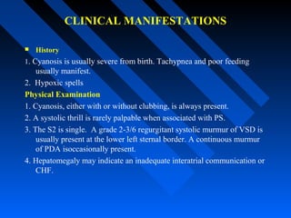 CLINICAL MANIFESTATIONS
 History
1. Cyanosis is usually severe from birth. Tachypnea and poor feeding
usually manifest.
2. Hypoxic spells
Physical Examination
1. Cyanosis, either with or without clubbing, is always present.
2. A systolic thrill is rarely palpable when associated with PS.
3. The S2 is single. A grade 2-3/6 regurgitant systolic murmur of VSD is
usually present at the lower left sternal border. A continuous murmur
of PDA isoccasionally present.
4. Hepatomegaly may indicate an inadequate interatrial communication or
CHF.
 