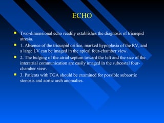 ECHO
 Two-dimensional echo readily establishes the diagnosis of tricuspid
atresia.
 1. Absence of the tricuspid orifice, marked hypoplasia of the RV, and
a large LV can be imaged in the apical four-chamber view.
 2. The bulging of the atrial septum toward the left and the size of the
interatrial communication are easily imaged in the subcostal four-
chamber view.
 3. Patients with TGA should be examined for possible subaortic
stenosis and aortic arch anomalies.
 