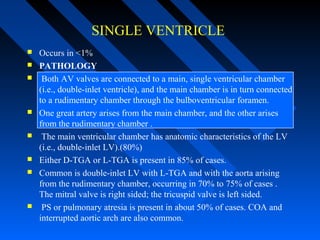 SINGLE VENTRICLE
 Occurs in <1%
 PATHOLOGY
 Both AV valves are connected to a main, single ventricular chamber
(i.e., double-inlet ventricle), and the main chamber is in turn connected
to a rudimentary chamber through the bulboventricular foramen.
 One great artery arises from the main chamber, and the other arises
from the rudimentary chamber .
 The main ventricular chamber has anatomic characteristics of the LV
(i.e., double-inlet LV).(80%)
 Either D-TGA or L-TGA is present in 85% of cases.
 Common is double-inlet LV with L-TGA and with the aorta arising
from the rudimentary chamber, occurring in 70% to 75% of cases .
The mitral valve is right sided; the tricuspid valve is left sided.
 PS or pulmonary atresia is present in about 50% of cases. COA and
interrupted aortic arch are also common.
 