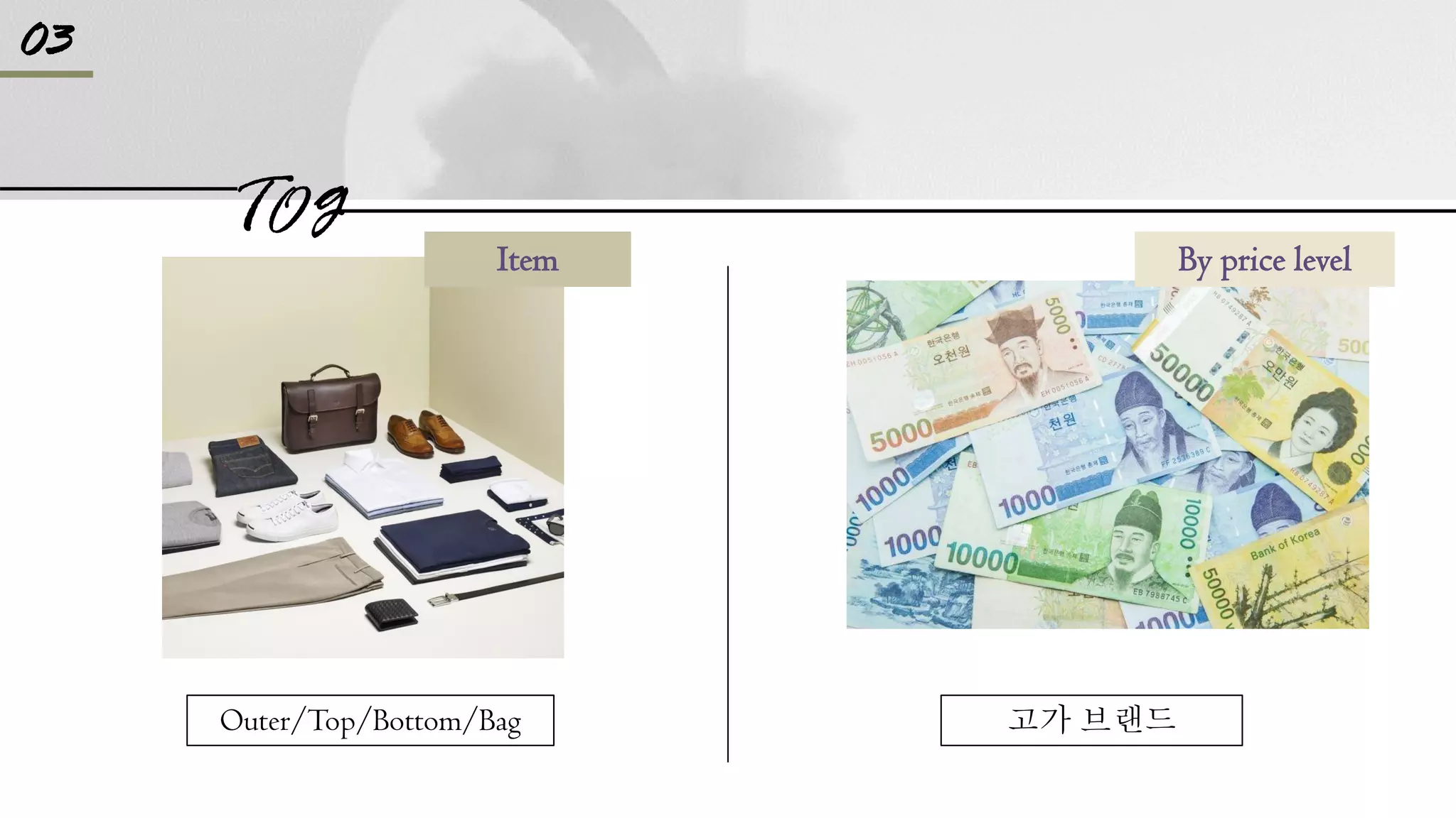 TO g
Item
Outer/Top/Bottom/Bag 고가 브랜드
03
By price level
 