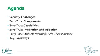 Agenda
• Security Challenges
• Zero Trust Components
• Zero Trust Capabilities
• Zero Trust Integration and Adoption
• Early Case Studies: Microsoft, Zero Trust Playbook
• Key Takeaways
 