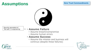 Assumptions
• Assume Failure
• Assume breach/compromise
• Assume human errors
• Assume Success
• Assume the mission and business will
continue (despite these failures)
Security equivalent of
“fail safe” in engineering
Zero Trust Commandments
 