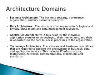  Business Architecture: The business strategy, governance,
organization, and key business processes.
 Data Architecture: The structure of an organization's logical and
physical data assets and data management resources.
 Application Architecture: A blueprint for the individual
application systems to be deployed, their interactions, and their
relationships to the core business processes of the organization.
 Technology Architecture: The software and hardware capabilities
that are required to support the deployment of business, data,
and application services. This includes IT infrastructure,
middleware, networks, communications, processing, and
standards.
 