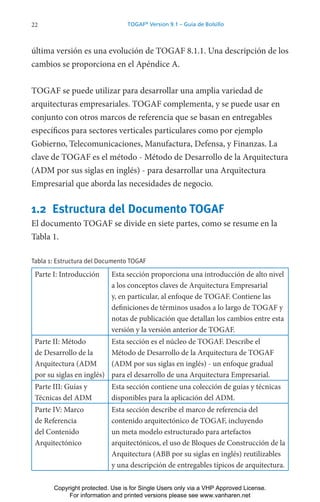 22 TOGAF®
Version 9.1 – Guía de Bolsillo
última versión es una evolución de TOGAF 8.1.1. Una descripción de los
cambios se proporciona en el Apéndice A.
TOGAF se puede utilizar para desarrollar una amplia variedad de
arquitecturas empresariales. TOGAF complementa, y se puede usar en
conjunto con otros marcos de referencia que se basan en entregables
específicos para sectores verticales particulares como por ejemplo
Gobierno, Telecomunicaciones, Manufactura, Defensa, y Finanzas. La
clave de TOGAF es el método - Método de Desarrollo de la Arquitectura
(ADM por sus siglas en inglés) - para desarrollar una Arquitectura
Empresarial que aborda las necesidades de negocio.
1.2 Estructura del Documento TOGAF
El documento TOGAF se divide en siete partes, como se resume en la
Tabla 1.
Tabla 1: Estructura del Documento TOGAF
Parte I: Introducción Esta sección proporciona una introducción de alto nivel
a los conceptos claves de Arquitectura Empresarial
y, en particular, al enfoque de TOGAF. Contiene las
definiciones de términos usados a lo largo de TOGAF y
notas de publicación que detallan los cambios entre esta
versión y la versión anterior de TOGAF.
Parte II: Método
de Desarrollo de la
Arquitectura (ADM
por su siglas en inglés)
Esta sección es el núcleo de TOGAF. Describe el
Método de Desarrollo de la Arquitectura de TOGAF
(ADM por sus siglas en inglés) - un enfoque gradual
para el desarrollo de una Arquitectura Empresarial.
Parte III: Guías y
Técnicas del ADM
Esta sección contiene una colección de guías y técnicas
disponibles para la aplicación del ADM.
Parte IV: Marco
de Referencia
del Contenido
Arquitectónico
Esta sección describe el marco de referencia del
contenido arquitectónico de TOGAF, incluyendo
un meta modelo estructurado para artefactos
arquitectónicos, el uso de Bloques de Construcción de la
Arquitectura (ABB por su siglas en inglés) reutilizables
y una descripción de entregables típicos de arquitectura.
Copyright protected. Use is for Single Users only via a VHP Approved License.
For information and printed versions please see www.vanharen.net
 