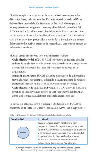 31
TOGAF®
Version 9.1 – Guía de Bolsillo
El ADM se aplica iterativamente durante todo el proceso, entre las
diferentes Fases, y dentro de ellas. Durante todo el ciclo del ADM se
debe realizar una validación frecuente de los resultados respecto a
los requerimientos originales, tanto aquellos del ciclo completo del
ADM como los de la Fase particular del proceso. Esta validación debe
reconsiderar el alcance, los detalles, el plan y los hitos. Cada Fase debe
considerar los activos producidos a partir de las iteraciones anteriores
del proceso y los activos externos de mercado, así como otros marcos de
referencia o modelos.
El ADM apoya el concepto de iteración en tres niveles:
• Ciclo alrededor del ADM: El ADM se presenta de manera circular
indicando que la finalización de una Fase de trabajo en la arquitectura
alimenta directamente las Fases subsecuentes de trabajo en la
arquitectura.
• Iteración entre Fases: TOGAF describe el concepto de la iteración a
través de Fases (por ejemplo, volviendo a la Arquitectura de Negocio
posteriormente a la finalización de la Arquitectura Tecnológica).
• Ciclo alrededor de una Fase individual: TOGAF apoya la ejecución
repetida de las actividades dentro de una Fase individual del ADM
como una técnica para elaborar contenido arquitectónico.
Información adicional sobre el concepto de iteración en TOGAF se
encuentra en la Parte III: Guías y Técnicas del ADM (ver el capítulo 4).
Tabla 3: Actividades del Método de Desarrollo de la Arquitectura por Fase
Fase de ADM Actividad
Preliminar
Prepara la organización para llevar a cabo
proyectos exitosos de arquitectura gracias al uso
de TOGAF. Emprende las actividades de iniciación
y preparación requeridas para crear la Capacidad
Arquitectónica, incluyendo la adaptación de
TOGAF, la selección de herramientas y la
definición de Principios de Arquitectura.
Copyright protected. Use is for Single Users only via a VHP Approved License.
For information and printed versions please see www.vanharen.net
 