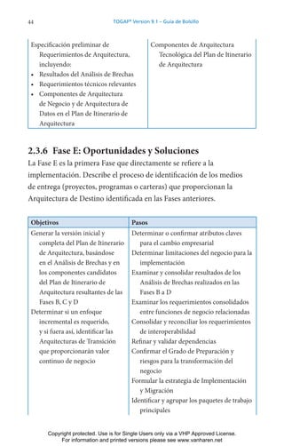 44 TOGAF®
Version 9.1 – Guía de Bolsillo
Especificación preliminar de
Requerimientos de Arquitectura,
incluyendo:
• Resultados del Análisis de Brechas
• Requerimientos técnicos relevantes
• Componentes de Arquitectura
de Negocio y de Arquitectura de
Datos en el Plan de Itinerario de
Arquitectura
Componentes de Arquitectura
Tecnológica del Plan de Itinerario
de Arquitectura
2.3.6 Fase E: Oportunidades y Soluciones
La Fase E es la primera Fase que directamente se refiere a la
implementación. Describe el proceso de identificación de los medios
de entrega (proyectos, programas o carteras) que proporcionan la
Arquitectura de Destino identificada en las Fases anteriores.
Objetivos Pasos
Generar la versión inicial y
completa del Plan de Itinerario
de Arquitectura, basándose
en el Análisis de Brechas y en
los componentes candidatos
del Plan de Itinerario de
Arquitectura resultantes de las
Fases B, C y D
Determinar si un enfoque
incremental es requerido,
y si fuera así, identificar las
Arquitecturas de Transición
que proporcionarán valor
continuo de negocio
Determinar o confirmar atributos claves
para el cambio empresarial
Determinar limitaciones del negocio para la
implementación
Examinar y consolidar resultados de los
Análisis de Brechas realizados en las
Fases B a D
Examinar los requerimientos consolidados
entre funciones de negocio relacionadas
Consolidar y reconciliar los requerimientos
de interoperabilidad
Refinar y validar dependencias
Confirmar el Grado de Preparación y
riesgos para la transformación del
negocio
Formular la estrategia de Implementación
y Migración
Identificar y agrupar los paquetes de trabajo
principales
Copyright protected. Use is for Single Users only via a VHP Approved License.
For information and printed versions please see www.vanharen.net
 