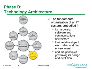 25 January 2015 © The Open Group 200839
Phase D:
Technology Architecture
 The fundamental
organization of an IT
system, embodied in
 its hardware,
software and
communications
technology
 their relationships to
each other and the
environment,
 and the principles
governing its design
and evolution
 