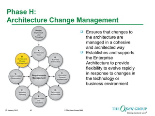 25 January 2015 © The Open Group 200843
Phase H:
Architecture Change Management
 Ensures that changes to
the architecture are
managed in a cohesive
and architected way
 Establishes and supports
the Enterprise
Architecture to provide
flexibility to evolve rapidly
in response to changes in
the technology or
business environment
 