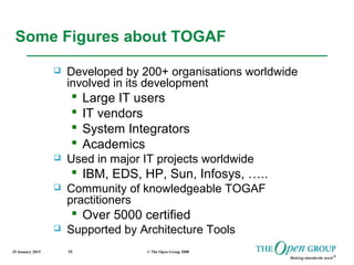 25 January 2015 © The Open Group 200855
Some Figures about TOGAF
 Developed by 200+ organisations worldwide
involved in its development
 Large IT users
 IT vendors
 System Integrators
 Academics
 Used in major IT projects worldwide
 IBM, EDS, HP, Sun, Infosys, …..
 Community of knowledgeable TOGAF
practitioners
 Over 5000 certified
 Supported by Architecture Tools
 