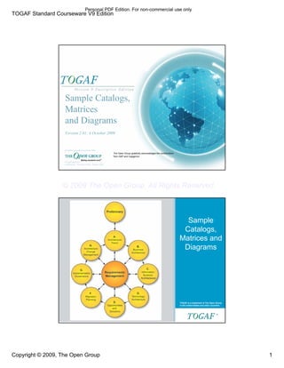 TOGAF Standard Courseware V9 Edition
Copyright © 2009, The Open Group 1
TM
Sample Catalogs,
Matrices
and Diagrams
Version 2.01: 4 October 2009
V9 Edition Copyright © October 2009
All rights reserved
Published by The Open Group, October 2009
The Open Group gratefully acknowledges the contributions
from SAP and Capgemini
TM
Sample
Catalogs,
Matrices and
Diagrams
TOGAF is a trademark of The Open Group
in the United States and other countries
TM
Personal PDF Edition. For non-commercial use only
© 2009 The Open Group, All Rights Reserved
 