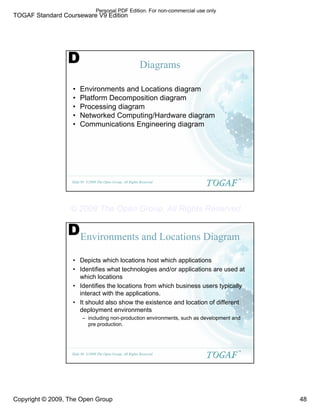 TOGAF Standard Courseware V9 Edition
Copyright © 2009, The Open Group 48
©2009 The Open Group, All Rights Reserved
Slide 95
TM
Diagrams
• Environments and Locations diagram
• Platform Decomposition diagram
• Processing diagram
• Networked Computing/Hardware diagram
• Communications Engineering diagram
D
©2009 The Open Group, All Rights Reserved
Slide 96
TM
Environments and Locations Diagram
• Depicts which locations host which applications
• Identifies what technologies and/or applications are used at
which locations
• Identifies the locations from which business users typically
interact with the applications.
• It should also show the existence and location of different
deployment environments
– including non-production environments, such as development and
pre production.
D
Personal PDF Edition. For non-commercial use only
© 2009 The Open Group, All Rights Reserved
 