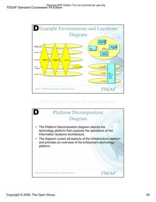 TOGAF Standard Courseware V9 Edition
Copyright © 2009, The Open Group 49
©2009 The Open Group, All Rights Reserved
Slide 97
TM
Example Environments and Locations
Diagram
loc-Italia
loc-Japan
loc-
Stuttgart
loc-USA
loc-
Ludwigsburg
tec-OCR
tec-Windows
XP
tec-Windows
Vista tec-RDB
loc-
Ludwigsburg
app-Project
managment
system
app-
CAD/CAE
app-R&D
system of
systems
app-integration
platform for
suppliers(dexis
)
loc-Italia
loc-Japan
loc-
Ludwigsburg
app-
Build-to-
Order
(BTO)
D
©2009 The Open Group, All Rights Reserved
Slide 98
TM
Platform Decomposition
Diagram
• The Platform Decomposition diagram depicts the
technology platform that supports the operations of the
Information Systems Architecture.
• The diagram covers all aspects of the infrastructure platform
and provides an overview of the enterprise's technology
platform.
D
Personal PDF Edition. For non-commercial use only
© 2009 The Open Group, All Rights Reserved
 