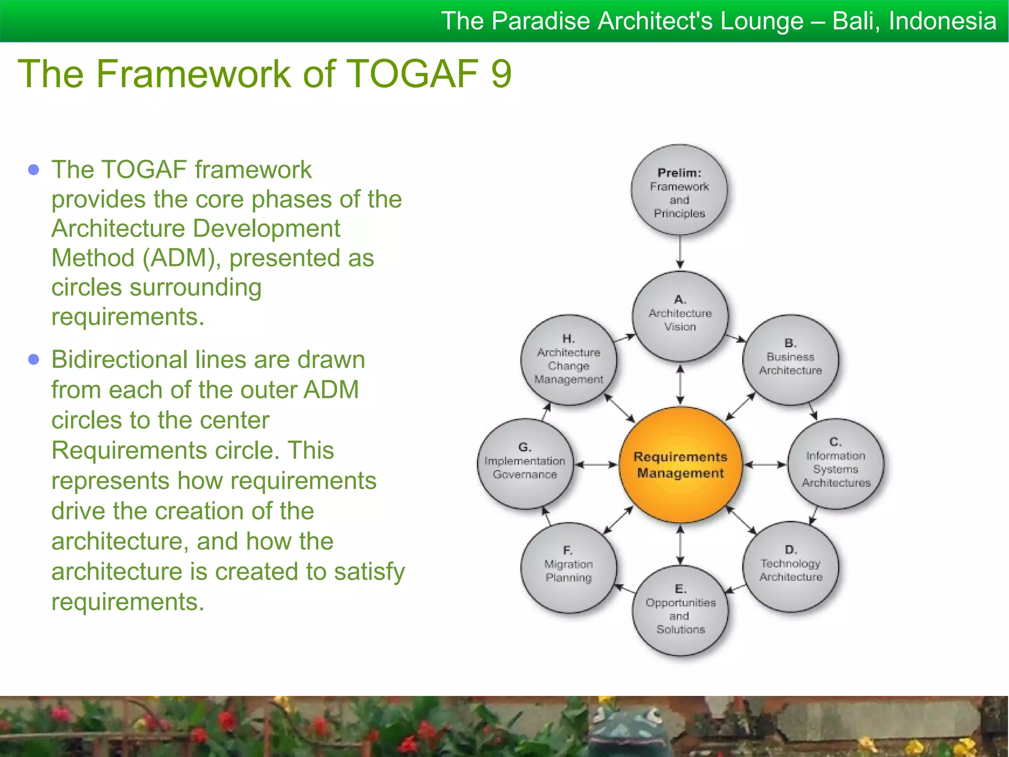 The Paradise Architect's Lounge – Bali, Indonesia

The Framework of TOGAF 9

● The TOGAF framework
  provides the core phases of the
  Architecture Development
  Method (ADM), presented as
  circles surrounding
  requirements.
● Bidirectional lines are drawn
  from each of the outer ADM
  circles to the center
  Requirements circle. This
  represents how requirements
  drive the creation of the
  architecture, and how the
  architecture is created to satisfy
  requirements.
 