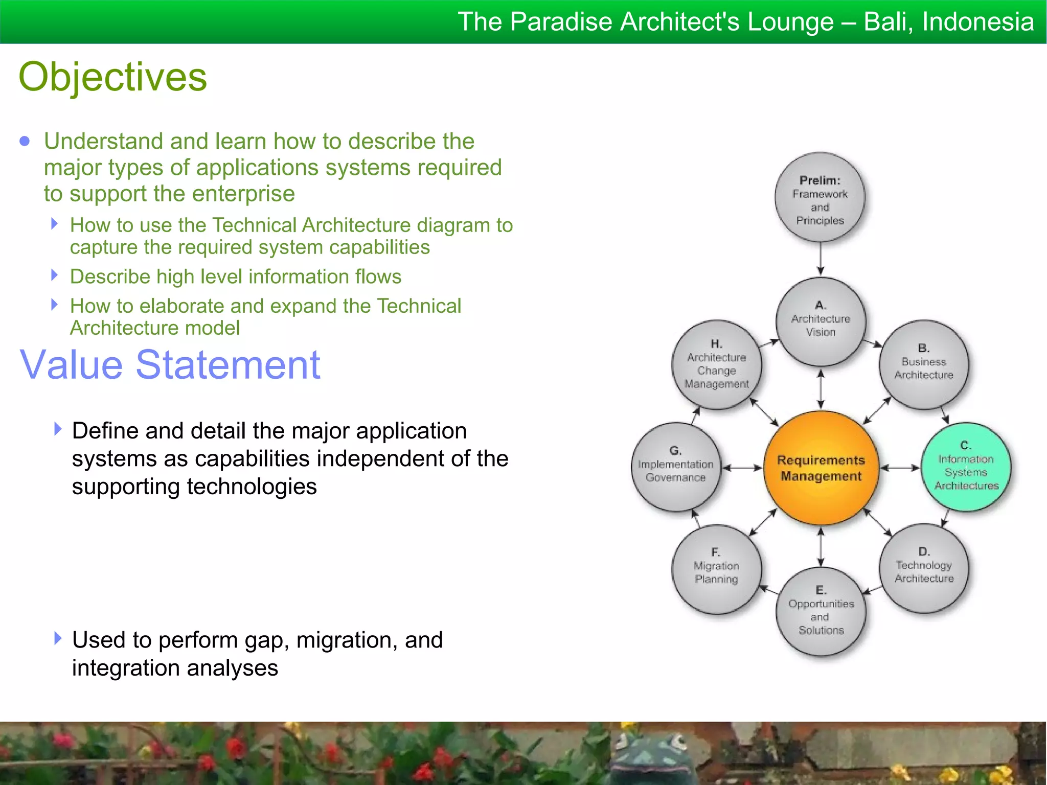 The Paradise Architect's Lounge – Bali, Indonesia

Objectives
● Understand and learn how to describe the
  major types of applications systems required
  to support the enterprise
   How to use the Technical Architecture diagram to
    capture the required system capabilities
   Describe high level information flows
   How to elaborate and expand the Technical
    Architecture model

Value Statement
   Define and detail the major application
    systems as capabilities independent of the
    supporting technologies




   Used to perform gap, migration, and
    integration analyses
 