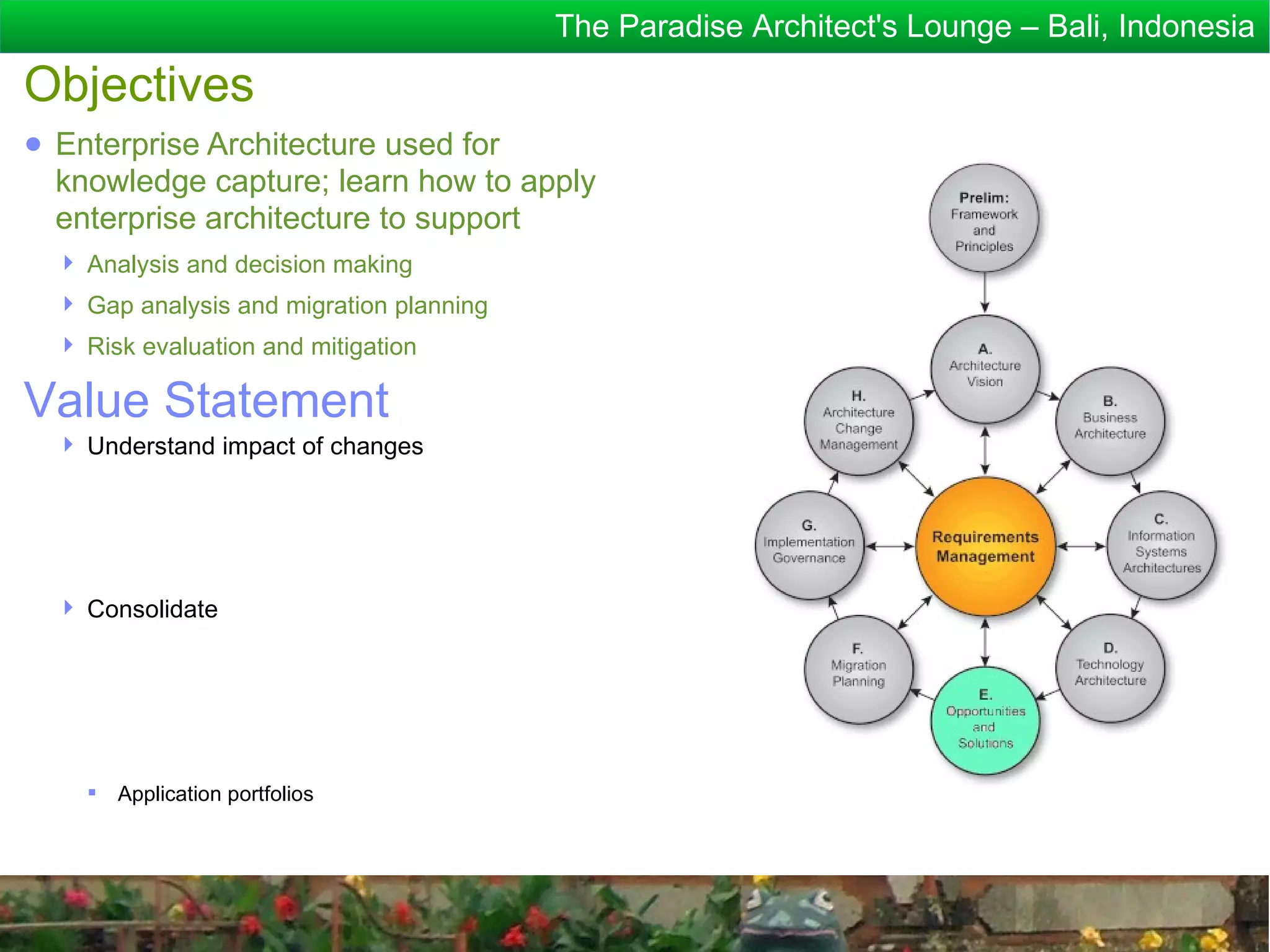 The Paradise Architect's Lounge – Bali, Indonesia

Objectives
● Enterprise Architecture used for
  knowledge capture; learn how to apply
  enterprise architecture to support
   Analysis and decision making
   Gap analysis and migration planning
   Risk evaluation and mitigation

Value Statement
   Understand impact of changes




   Consolidate




     Application portfolios
 