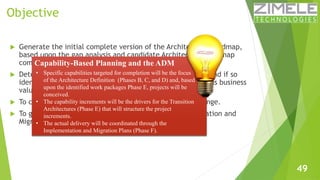 Objective 
 Generate the initial complete version of the Architecture Roadmap, 
based upon the gap analysis and candidate...