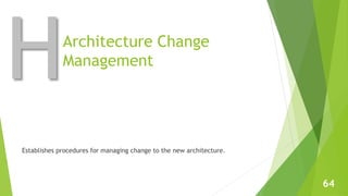 Establishes procedures for managing change to the new architecture. 
64 
Architecture Change 
Management 
 