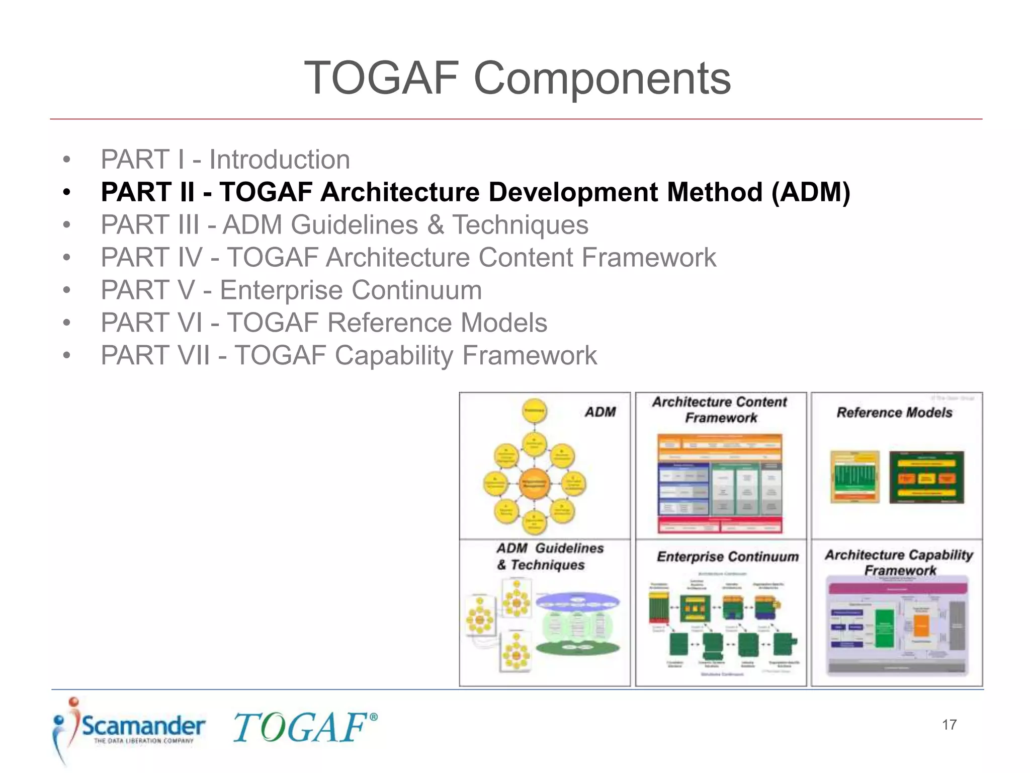 TOGAF Components
• PART I - Introduction
• PART II - TOGAF Architecture Development Method (ADM)
• PART III - ADM Guidelines & Techniques
• PART IV - TOGAF Architecture Content Framework
• PART V - Enterprise Continuum
• PART VI - TOGAF Reference Models
• PART VII - TOGAF Capability Framework
17
 