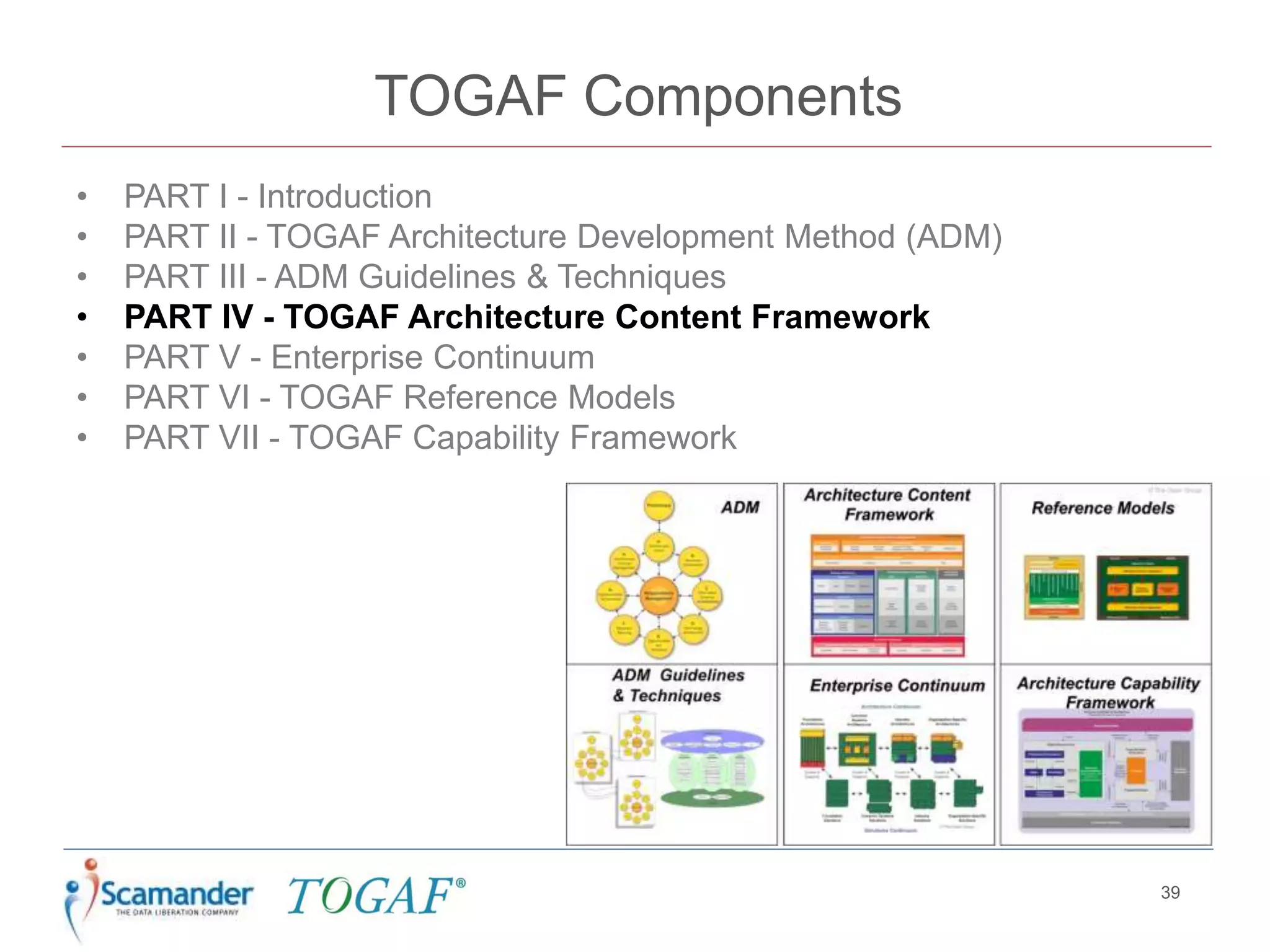 TOGAF Components
• PART I - Introduction
• PART II - TOGAF Architecture Development Method (ADM)
• PART III - ADM Guidelines & Techniques
• PART IV - TOGAF Architecture Content Framework
• PART V - Enterprise Continuum
• PART VI - TOGAF Reference Models
• PART VII - TOGAF Capability Framework
39
 