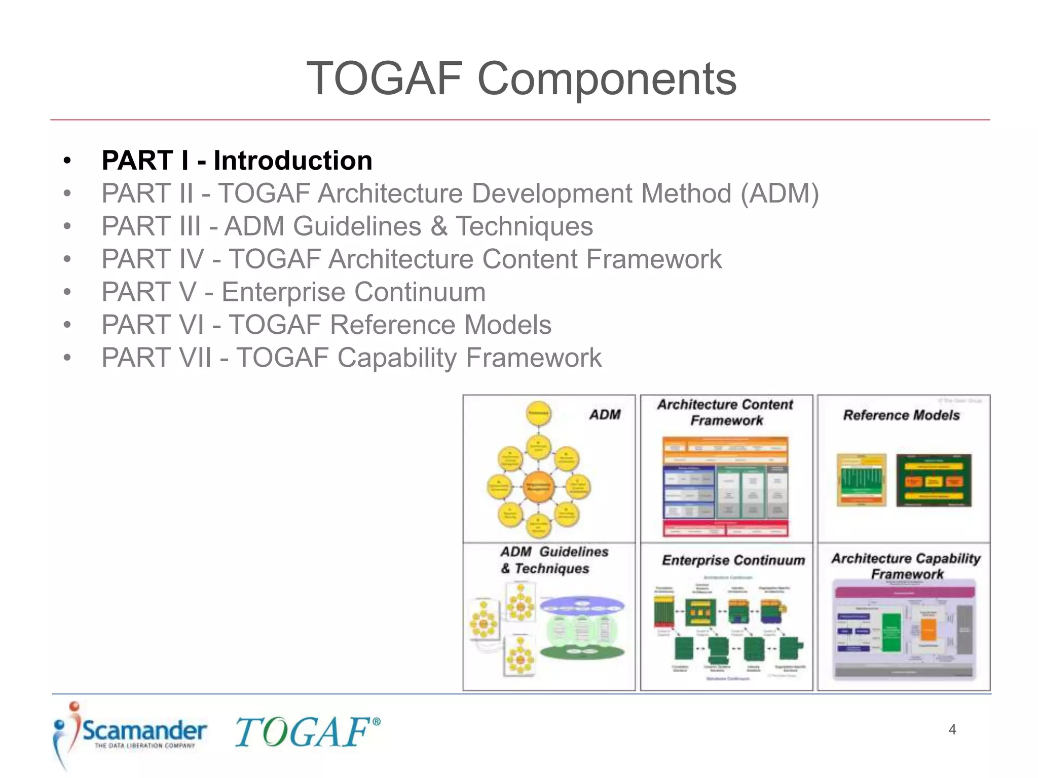TOGAF Components
• PART I - Introduction
• PART II - TOGAF Architecture Development Method (ADM)
• PART III - ADM Guidelines & Techniques
• PART IV - TOGAF Architecture Content Framework
• PART V - Enterprise Continuum
• PART VI - TOGAF Reference Models
• PART VII - TOGAF Capability Framework
4
 