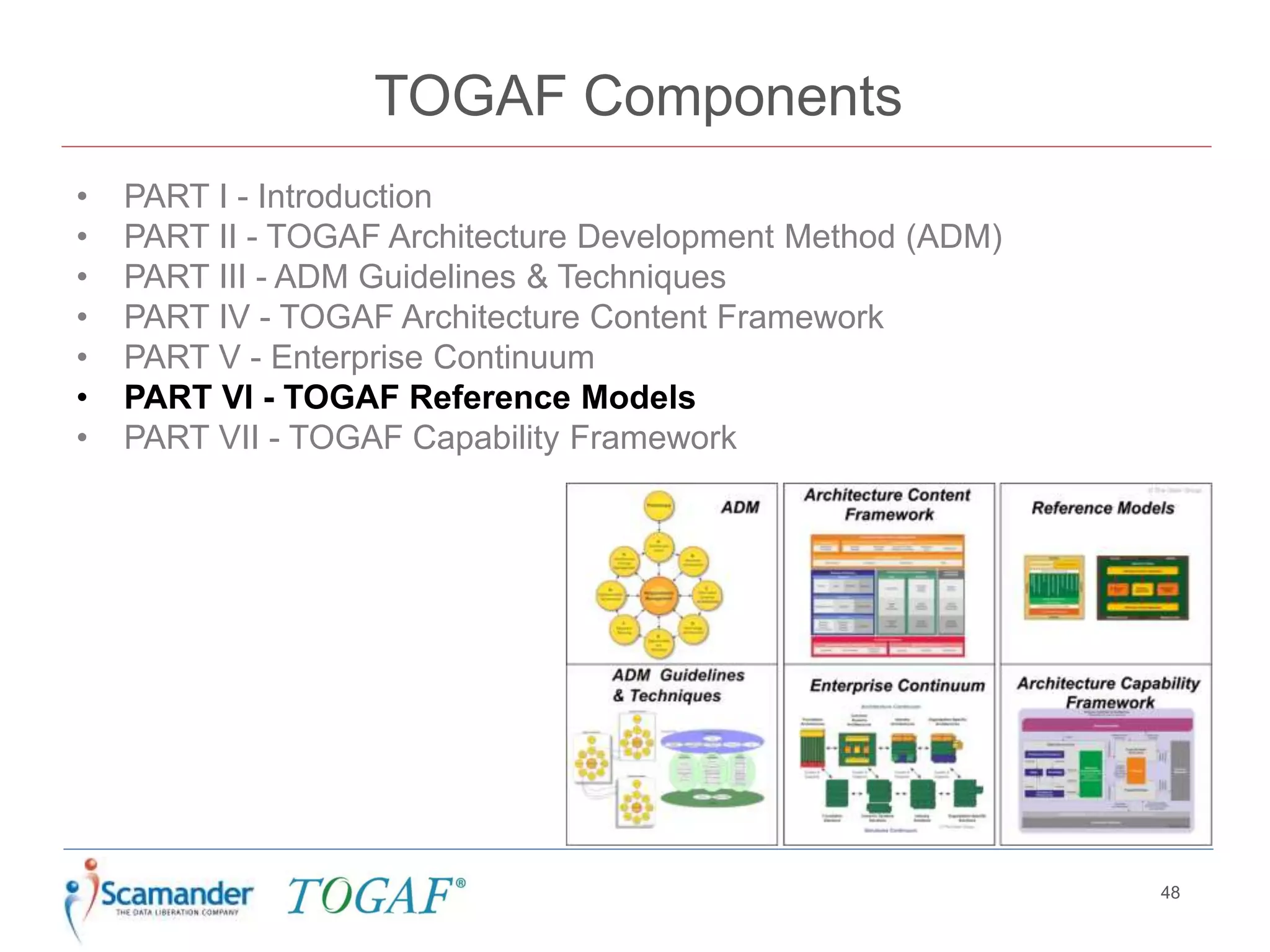 TOGAF Components
• PART I - Introduction
• PART II - TOGAF Architecture Development Method (ADM)
• PART III - ADM Guidelines & Techniques
• PART IV - TOGAF Architecture Content Framework
• PART V - Enterprise Continuum
• PART VI - TOGAF Reference Models
• PART VII - TOGAF Capability Framework
48
 